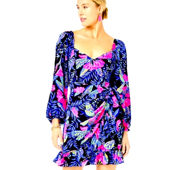 NWT Lilly Pulitzer Lila Dress Long Sleeve Ruffle Zip Onyx Earned Stripes 10, 12 - Picture 1 of 9